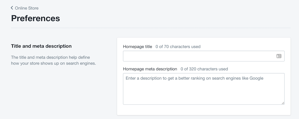 title and meta description Shopify